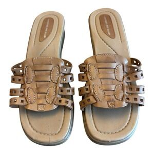 Montego Bay Club Slides Womens 6.5 Brown Leather Sandals Cutouts Strappy